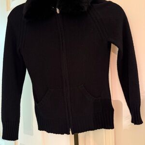 Bebe Black Cardigan with real natural fox Fur Collar